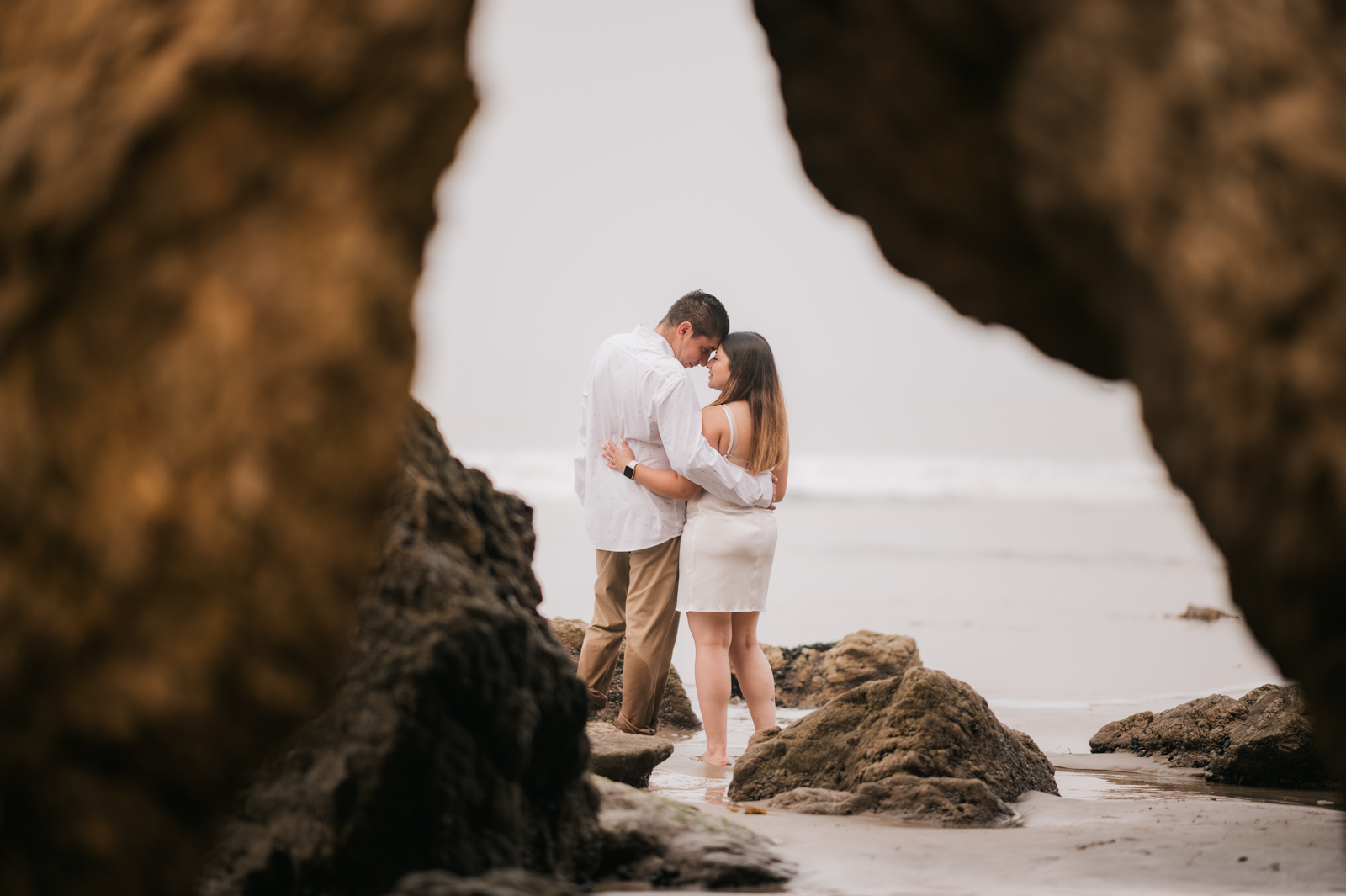 Couple touching foreheads on beach